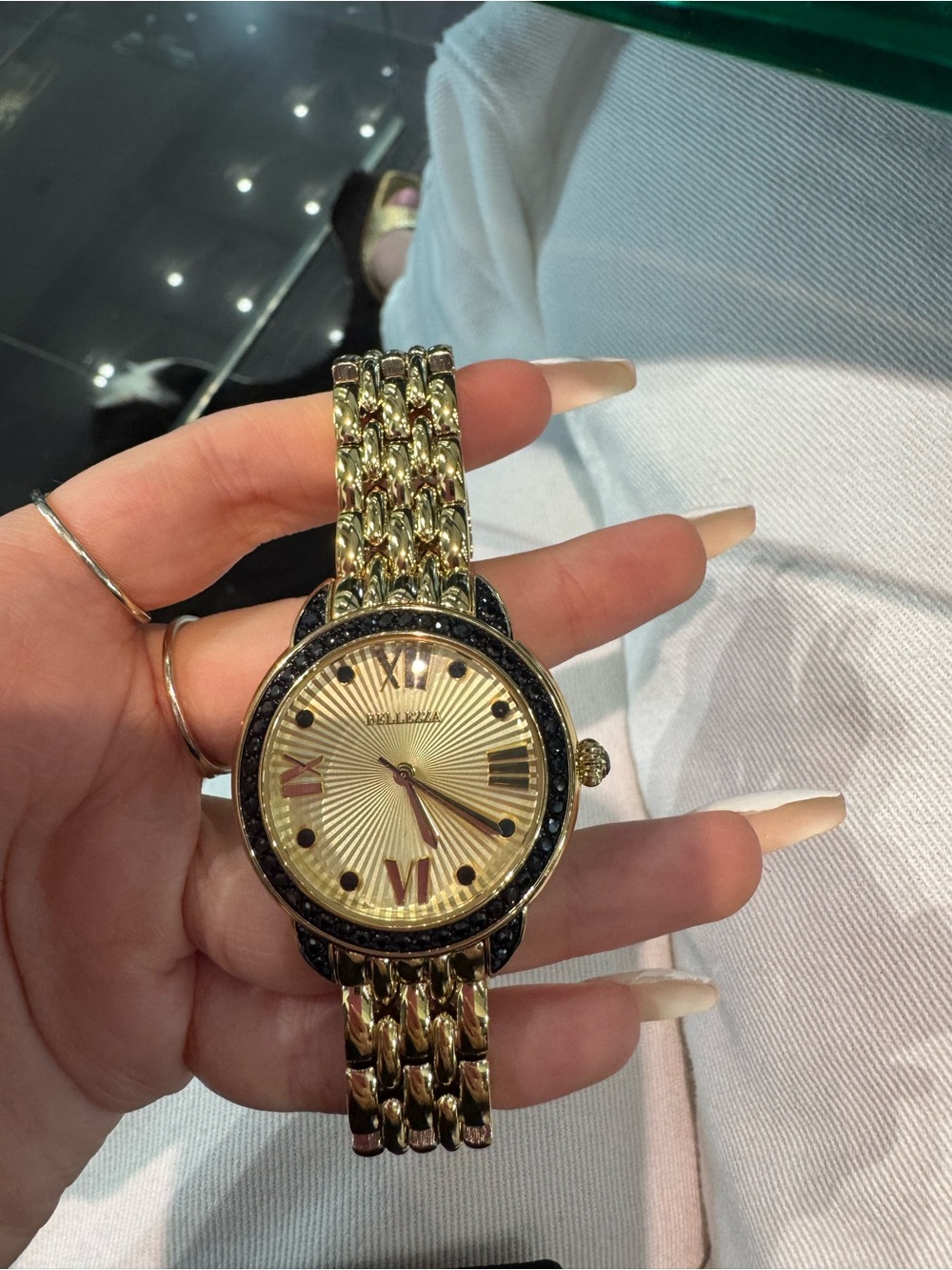 New Bellezza Gold-Tone Bronze Black Spinel Bezel Fluted Dial Watch